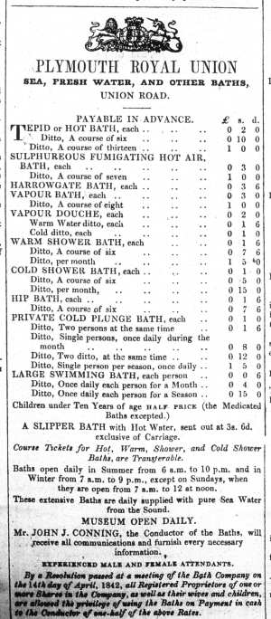 Table of charges at the Royal Union Baths, Plymouth, in September 1843